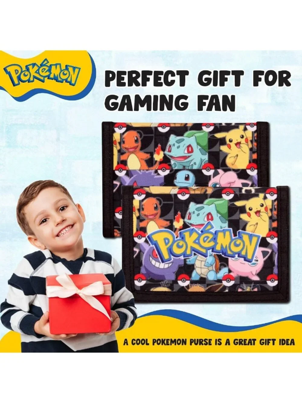 Kids Trifold Canvas Wallet with Zip, Coin & Card Holder - Pokemon Design